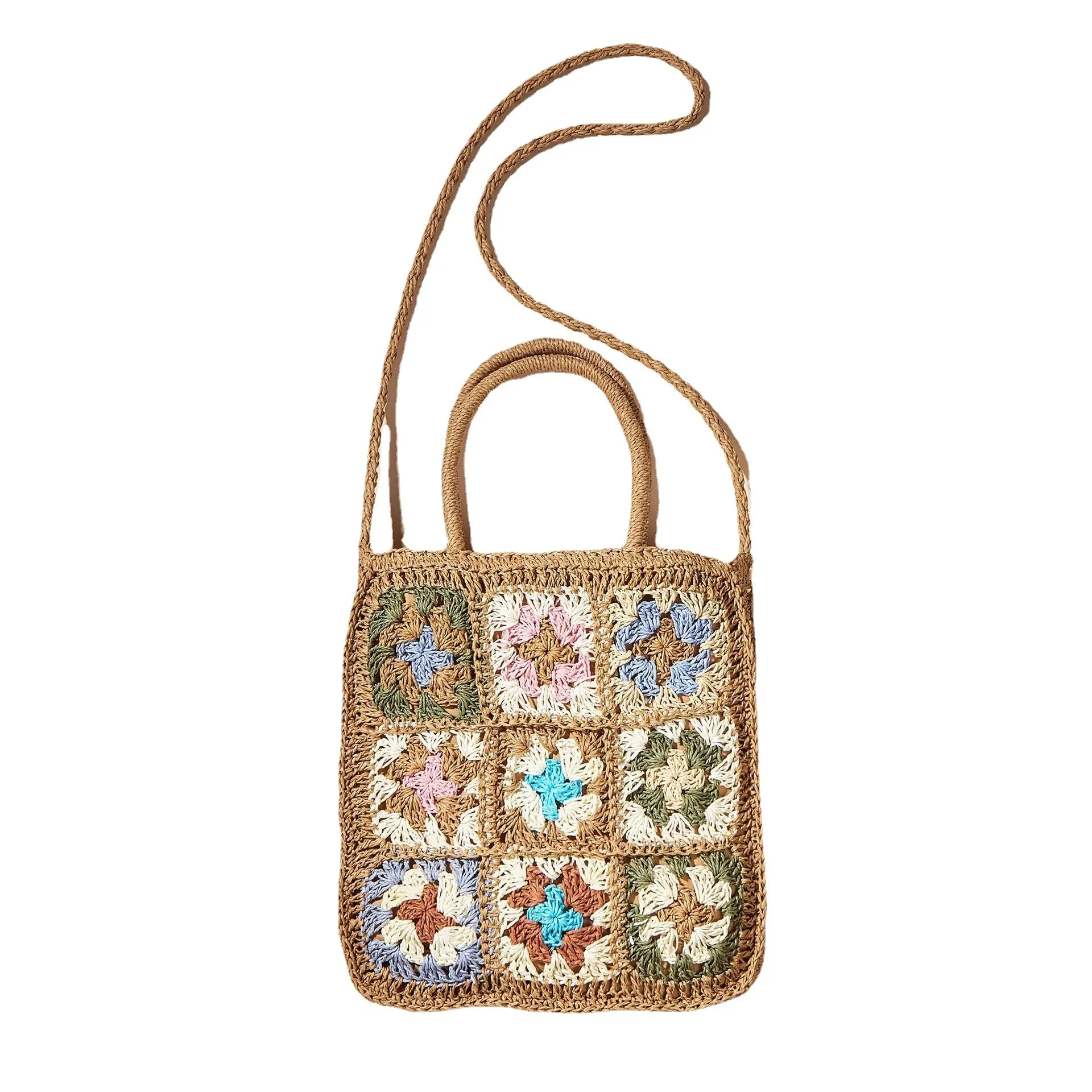 Flower Panel Woven Straw Bag