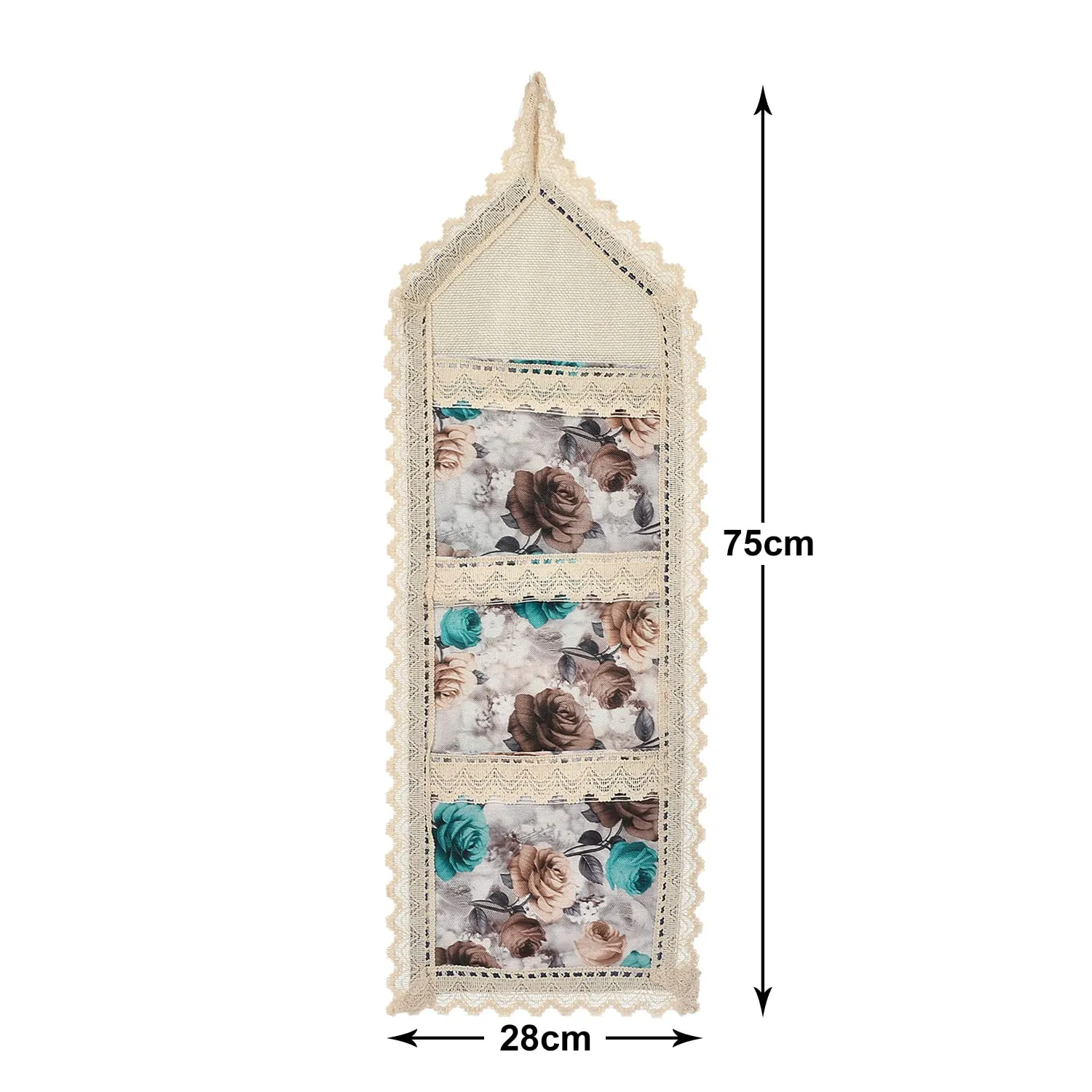 Heart Home Flower Printed Multiuses 3 Pockets Wall Hanging Storage Organizer/Holder for Home- Pack of 2 (Cream & Brown)-50HH01173