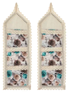Heart Home Flower Printed Multiuses 3 Pockets Wall Hanging Storage Organizer/Holder for Home- Pack of 2 (Cream & Brown)-50HH01173