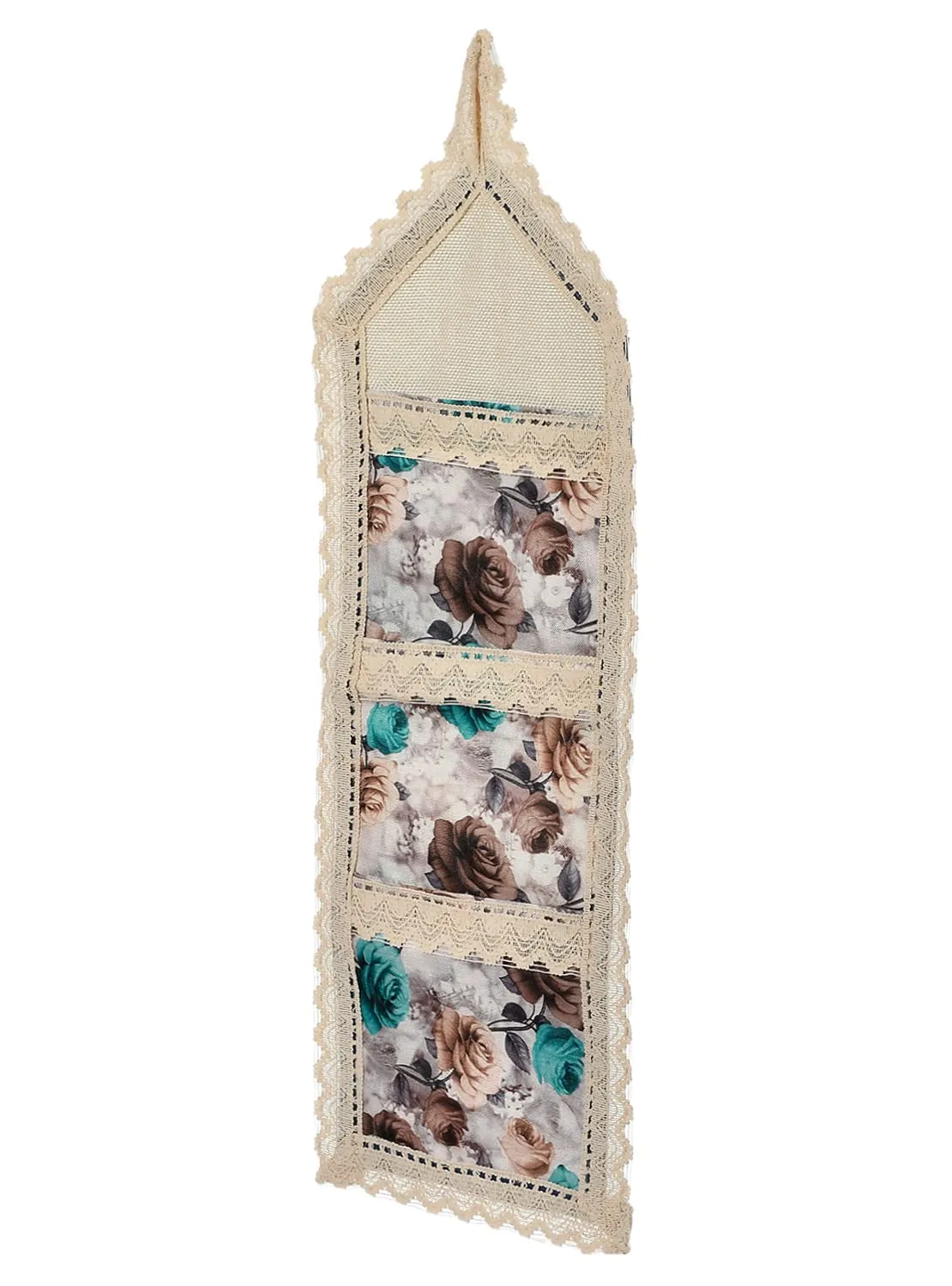 Heart Home Flower Printed Multiuses 3 Pockets Wall Hanging Storage Organizer/Holder for Home- Pack of 2 (Cream & Brown)-50HH01173