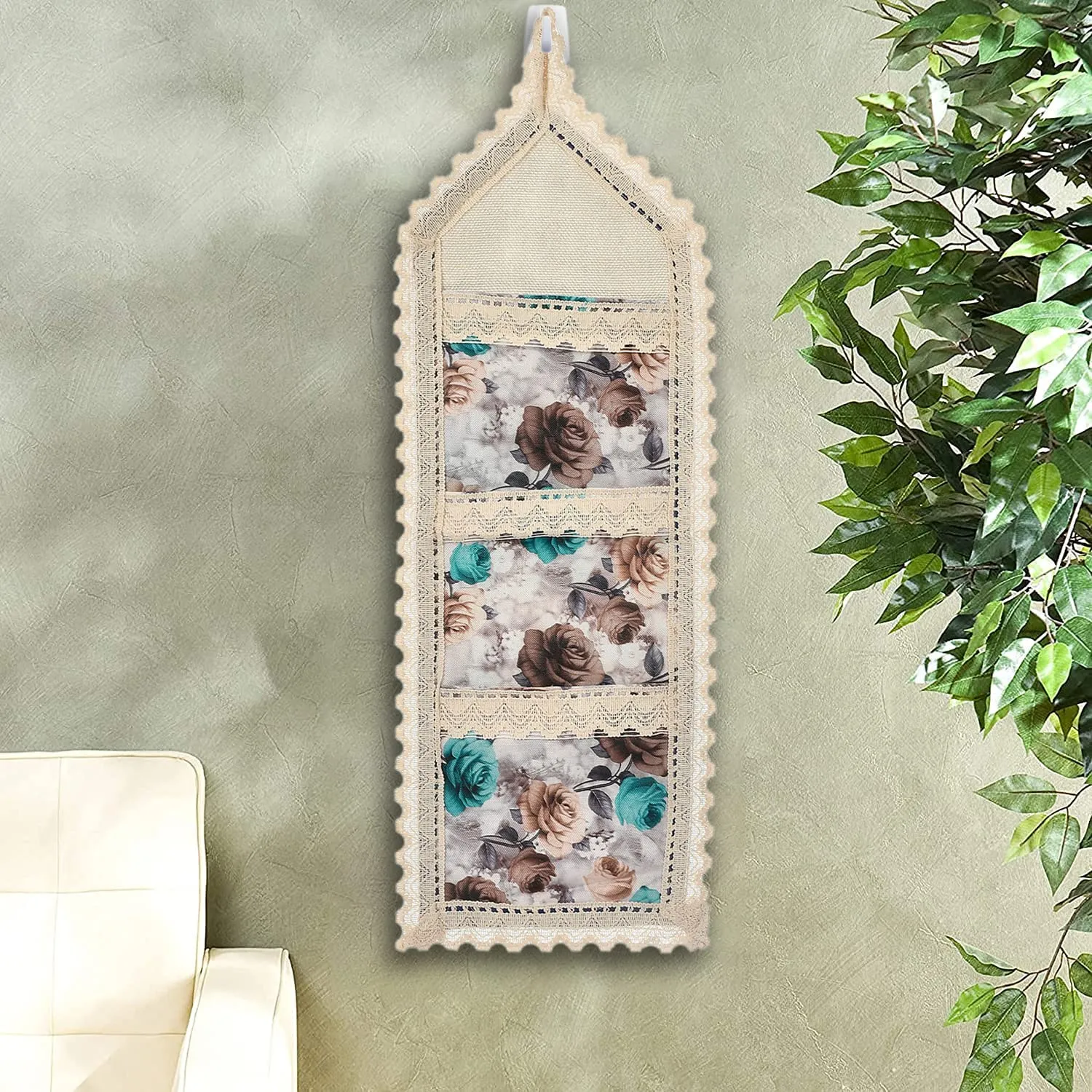 Heart Home Flower Printed Multiuses 3 Pockets Wall Hanging Storage Organizer/Holder for Home- Pack of 2 (Cream & Brown)-50HH01173