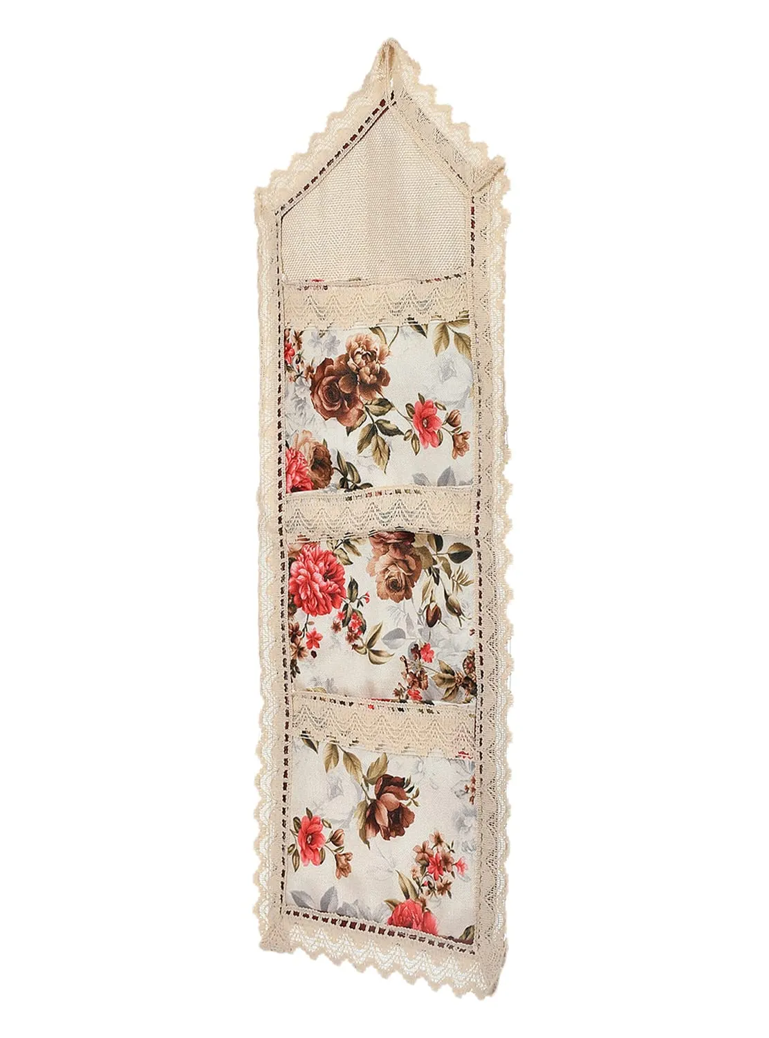 Heart Home Flower Printed Multiuses 3 Pockets Wall Hanging Storage Organizer/Holder For Home- Pack of 2 (Cream & Red)-50HH01177