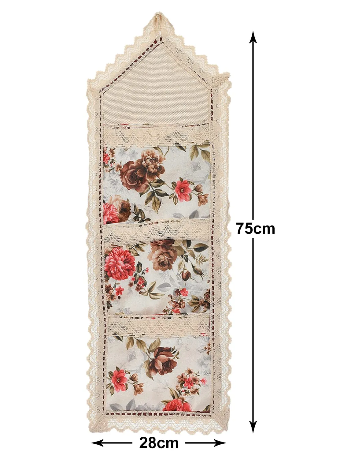 Heart Home Flower Printed Multiuses 3 Pockets Wall Hanging Storage Organizer/Holder For Home- Pack of 2 (Cream & Red)-50HH01177