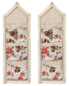 Heart Home Flower Printed Multiuses 3 Pockets Wall Hanging Storage Organizer/Holder For Home- Pack of 2 (Cream & Red)-50HH01177