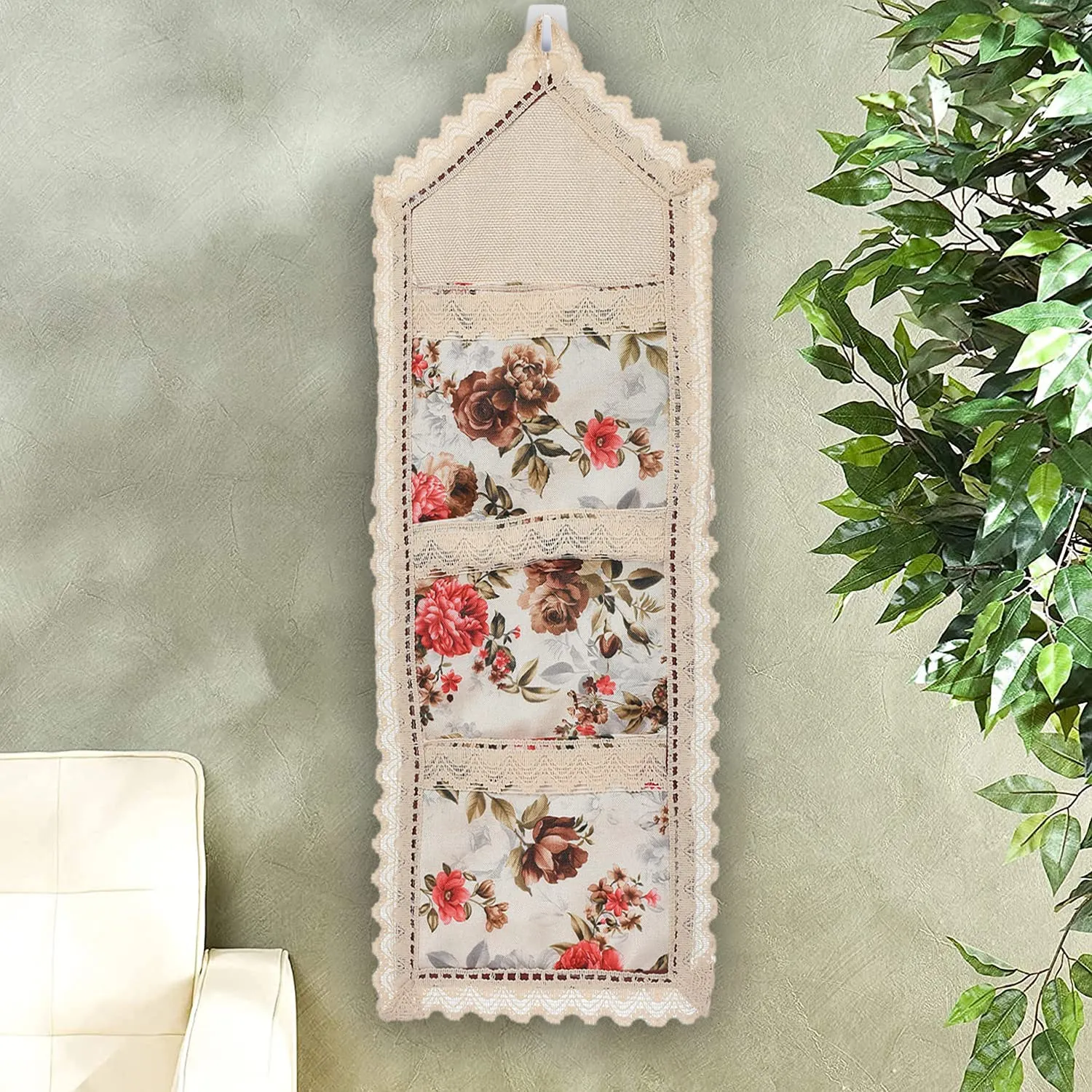 Heart Home Flower Printed Multiuses 3 Pockets Wall Hanging Storage Organizer/Holder For Home- Pack of 2 (Cream & Red)-50HH01177