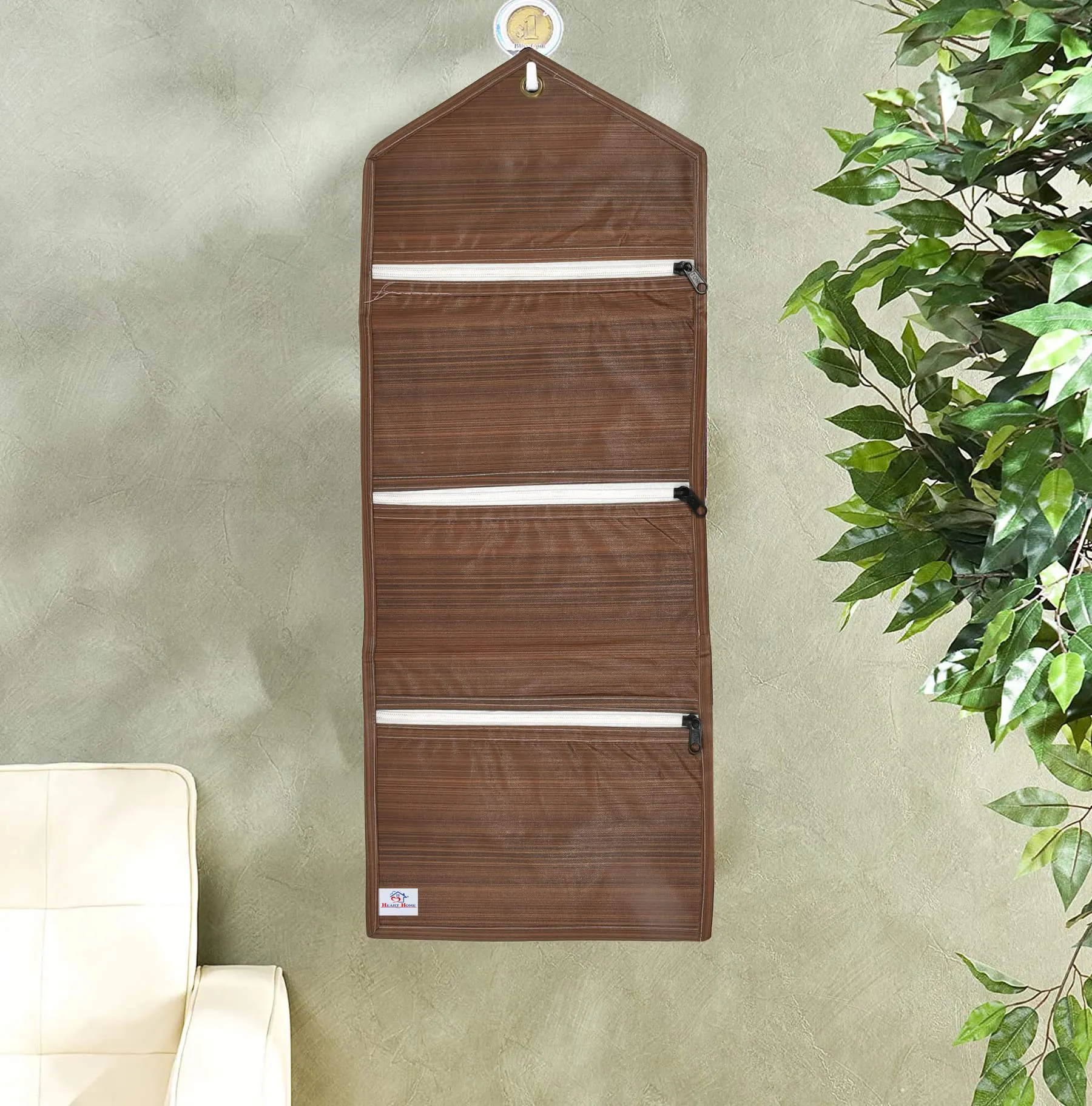 Heart Home Wooden Design Wall Hanging Magazine Letter Holder/Organizer With 3 Zipper Pockets- Pack of 2 (Brown)-HS43HEARTH25737
