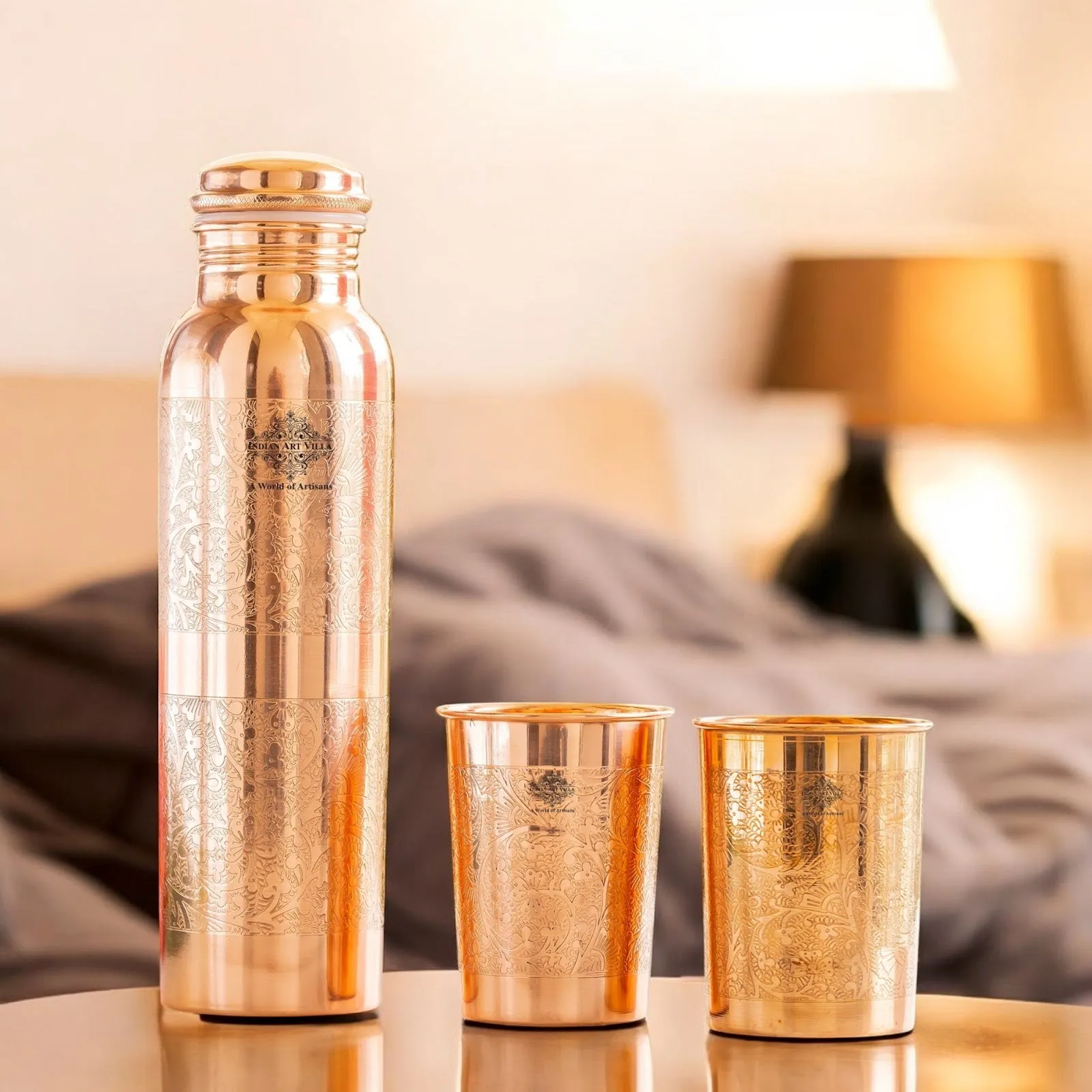 Indian Art Villa Set of Pure Copper Embossed Leak Proof Water Bottle & Two Glasses with a Gift Box, Drinkware