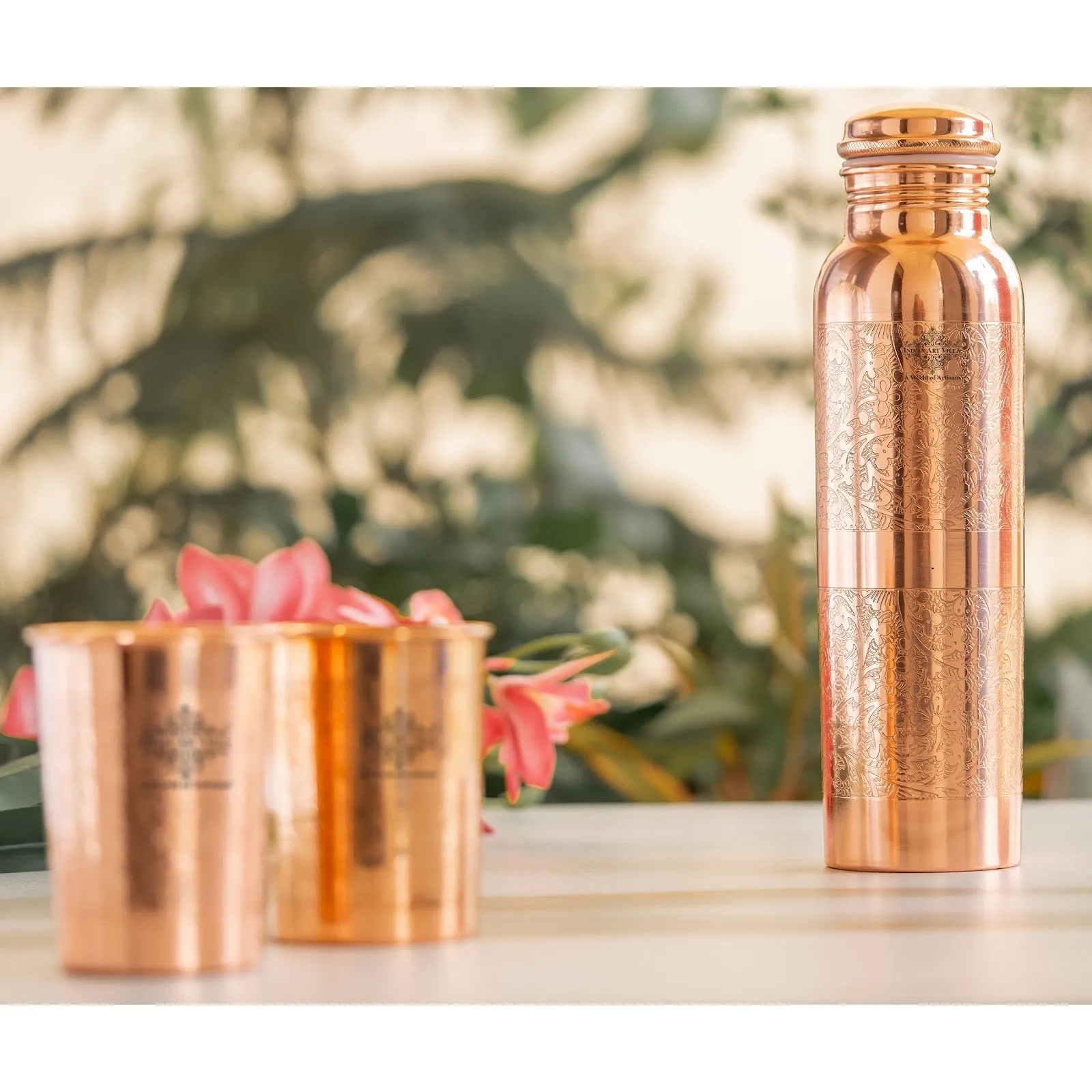 Indian Art Villa Set of Pure Copper Embossed Leak Proof Water Bottle & Two Glasses with a Gift Box, Drinkware