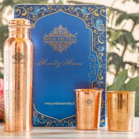 Indian Art Villa Set of Pure Copper Embossed Leak Proof Water Bottle & Two Glasses with a Gift Box, Drinkware