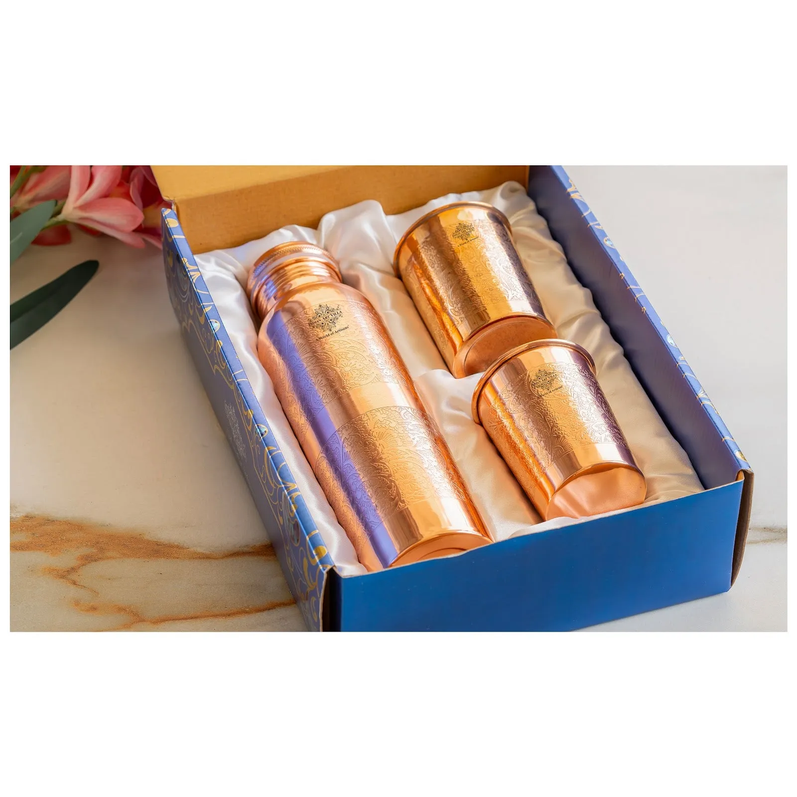 Indian Art Villa Set of Pure Copper Embossed Leak Proof Water Bottle & Two Glasses with a Gift Box, Drinkware
