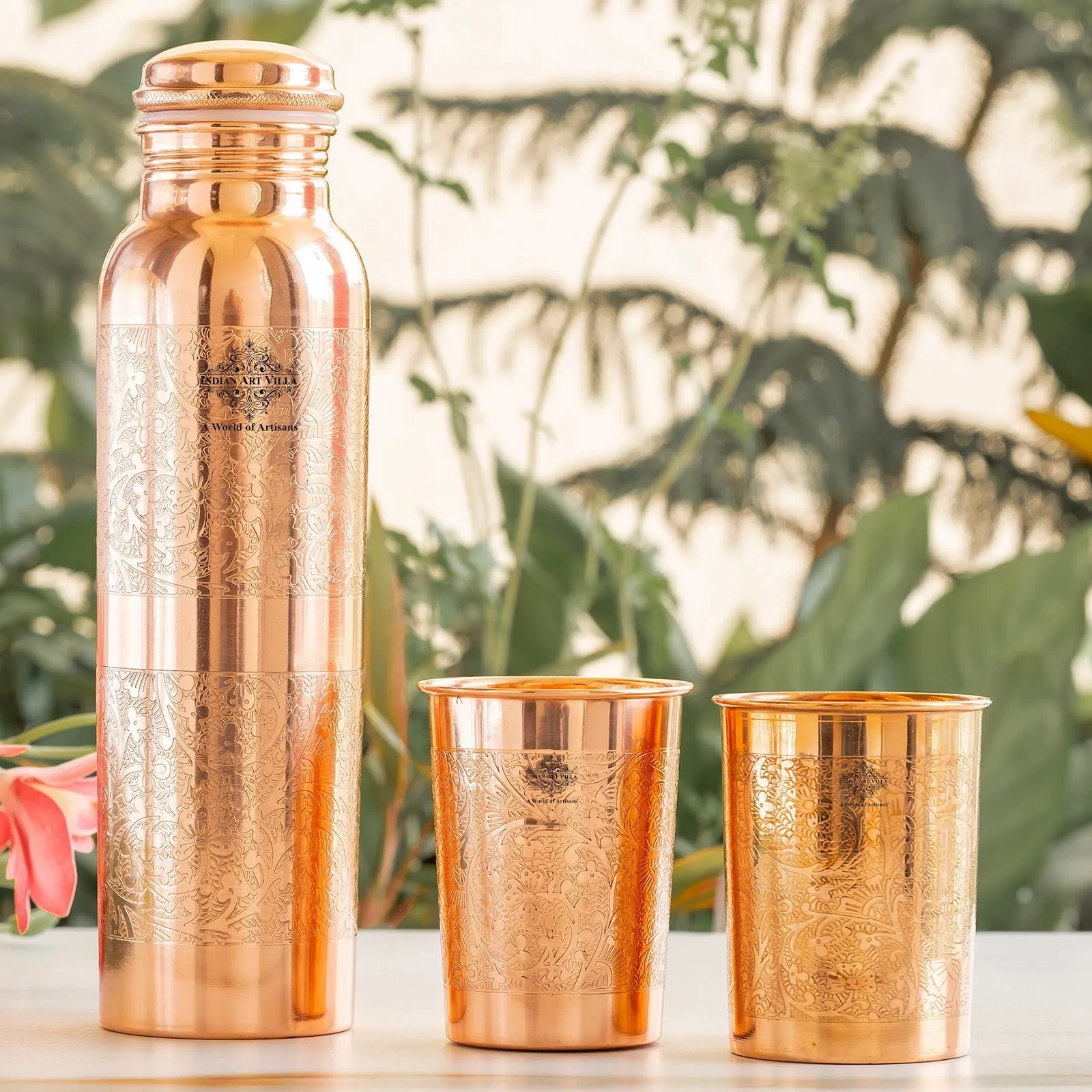 Indian Art Villa Set of Pure Copper Embossed Leak Proof Water Bottle & Two Glasses with a Gift Box, Drinkware