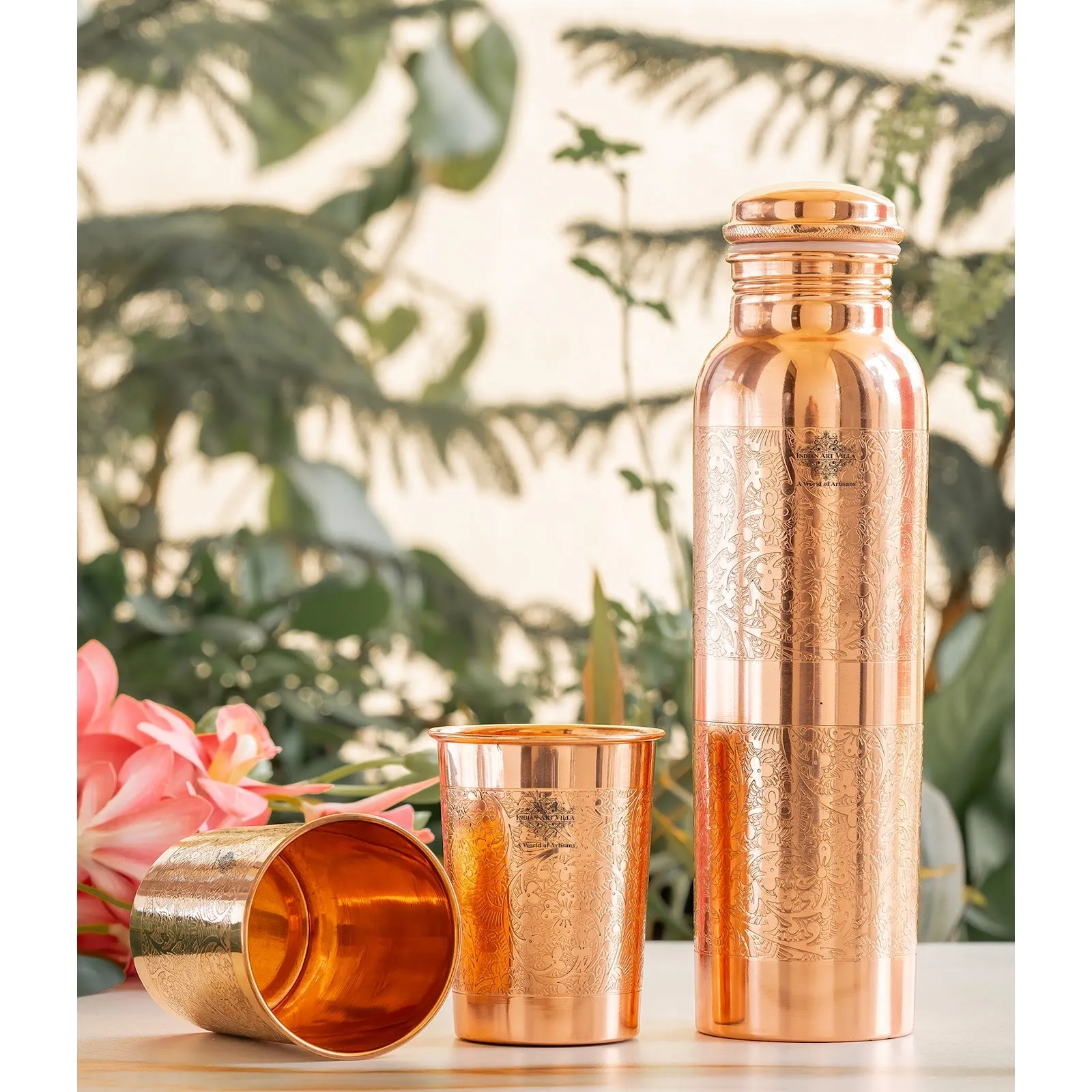 Indian Art Villa Set of Pure Copper Embossed Leak Proof Water Bottle & Two Glasses with a Gift Box, Drinkware