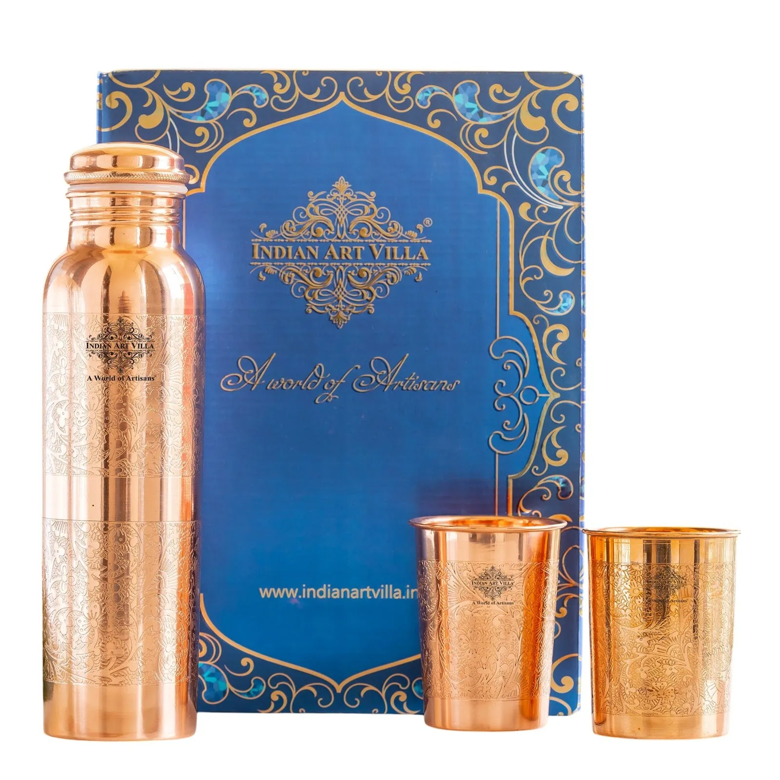 Indian Art Villa Set of Pure Copper Embossed Leak Proof Water Bottle & Two Glasses with a Gift Box, Drinkware