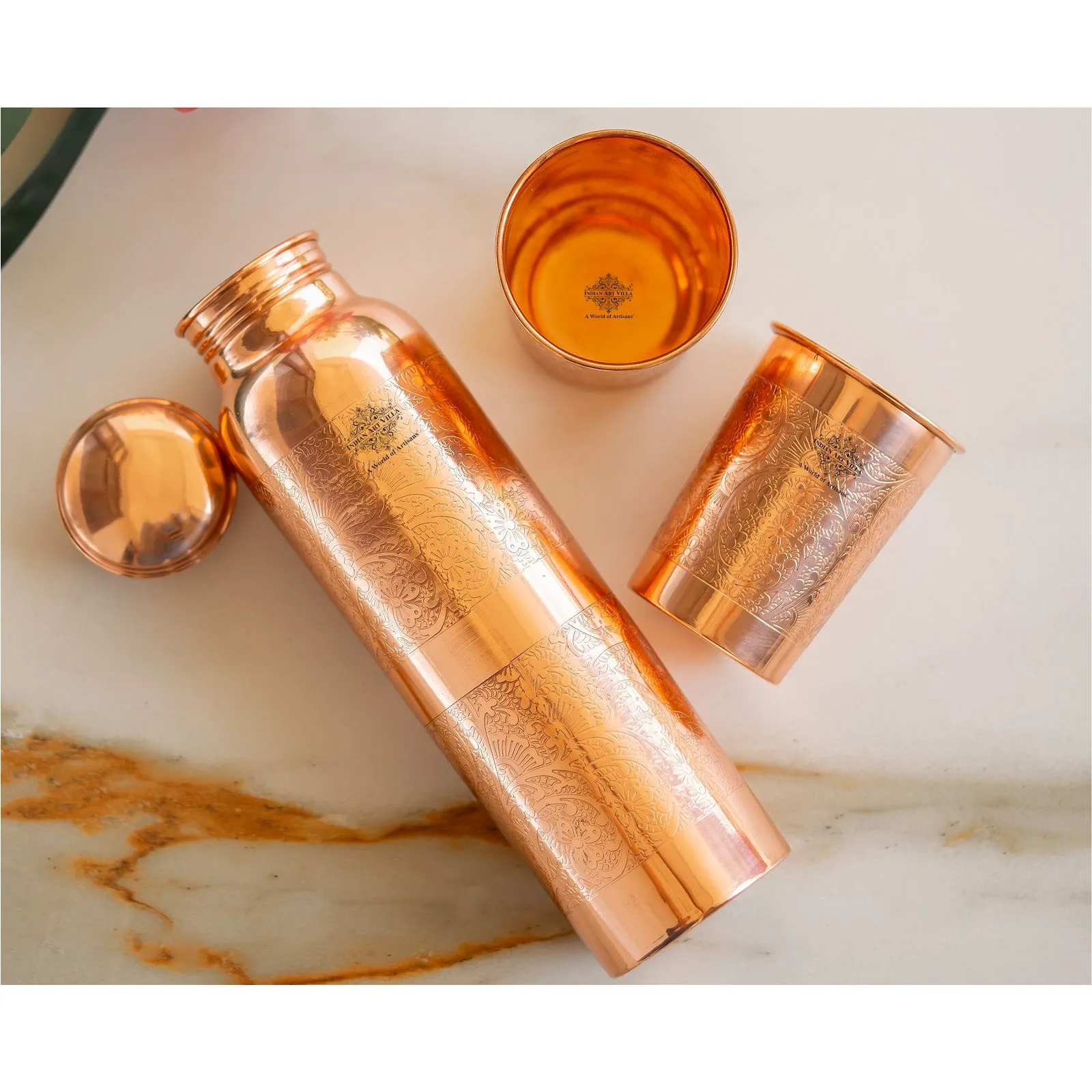 Indian Art Villa Set of Pure Copper Embossed Leak Proof Water Bottle & Two Glasses with a Gift Box, Drinkware