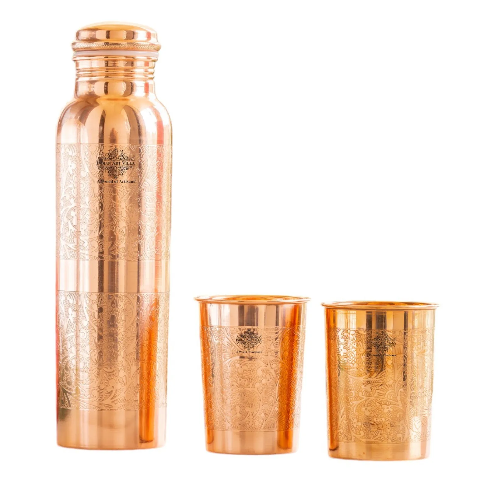 Indian Art Villa Set of Pure Copper Embossed Leak Proof Water Bottle & Two Glasses with a Gift Box, Drinkware