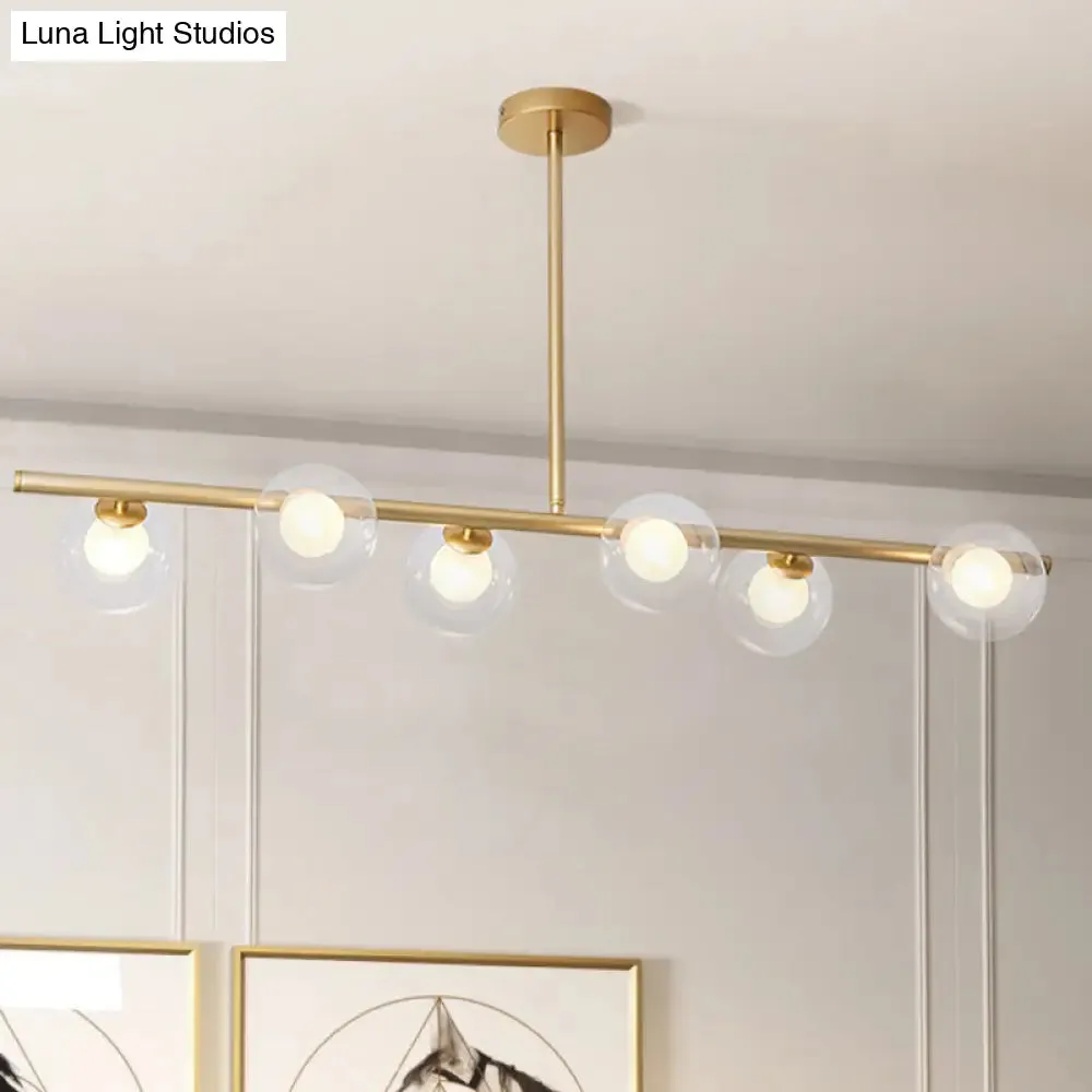 Linear Island Light Fixture Nordic Metal 6 Heads Gold Hanging Lamp with Globe Clear Glass Shade
