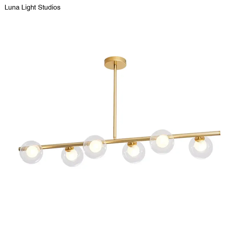 Linear Island Light Fixture Nordic Metal 6 Heads Gold Hanging Lamp with Globe Clear Glass Shade