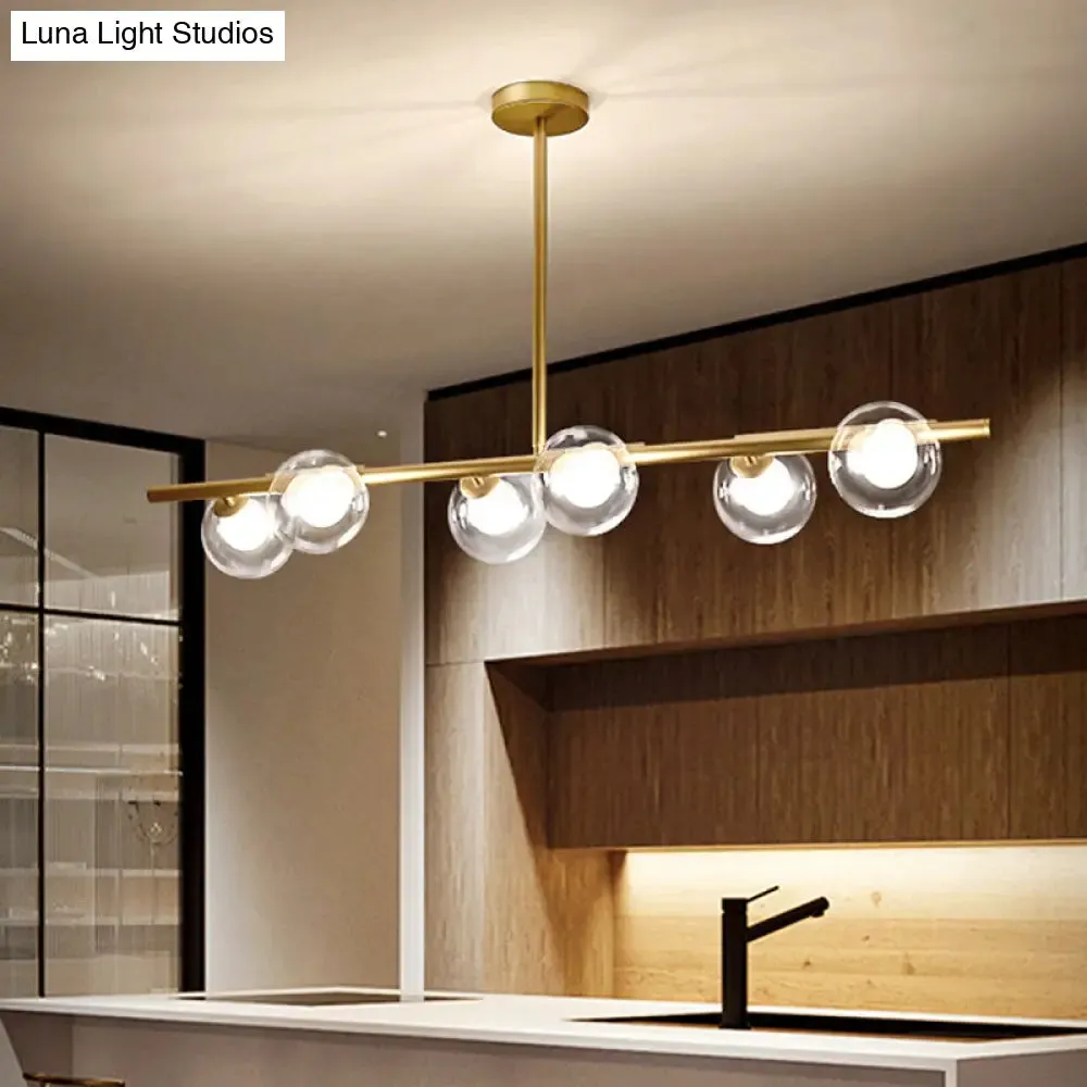Linear Island Light Fixture Nordic Metal 6 Heads Gold Hanging Lamp with Globe Clear Glass Shade