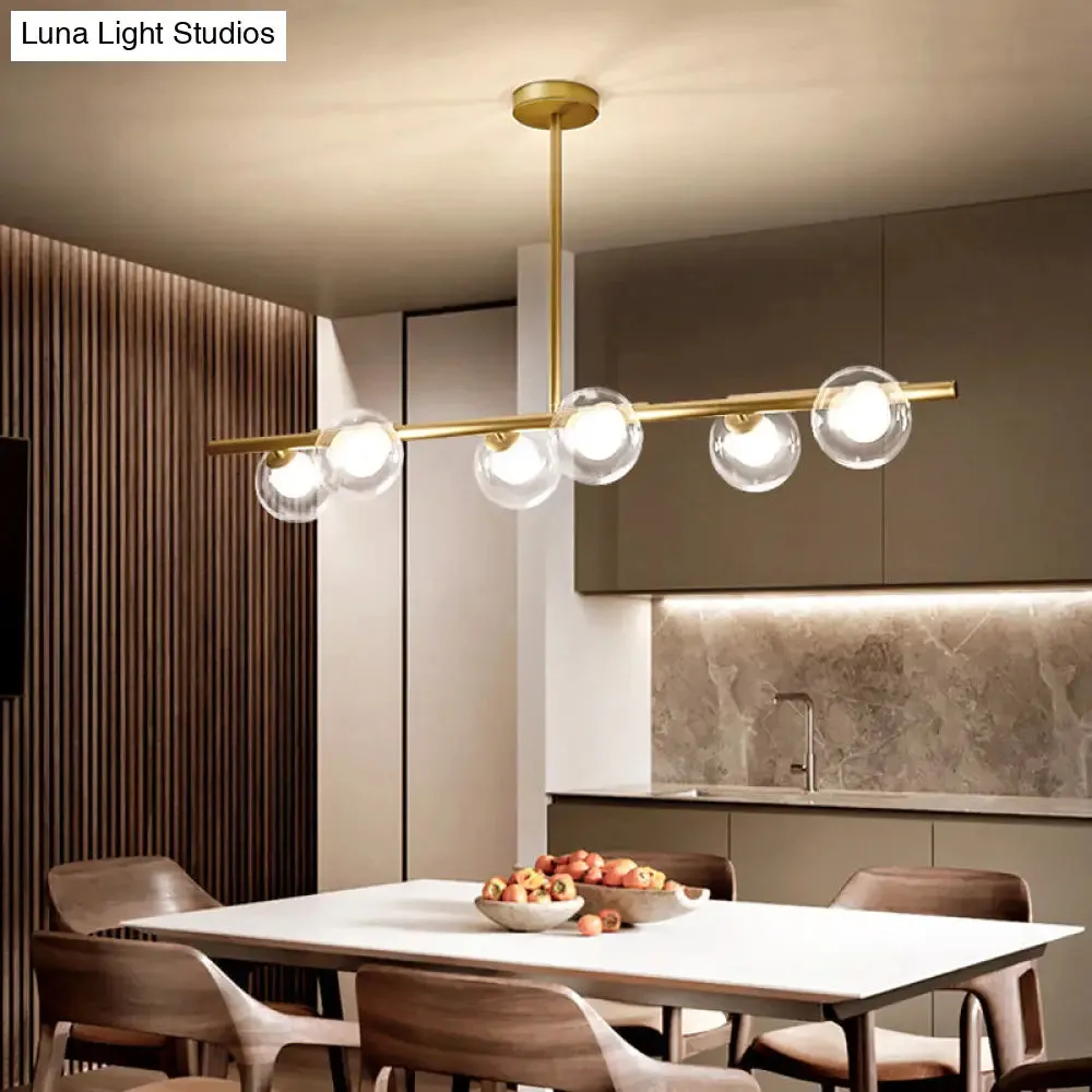 Linear Island Light Fixture Nordic Metal 6 Heads Gold Hanging Lamp with Globe Clear Glass Shade
