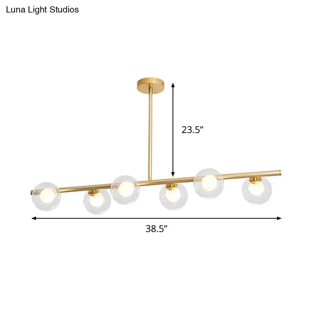 Linear Island Light Fixture Nordic Metal 6 Heads Gold Hanging Lamp with Globe Clear Glass Shade