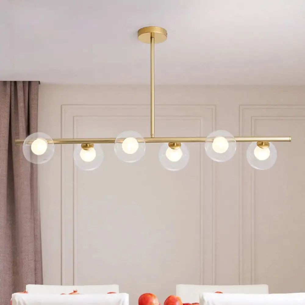 Linear Island Light Fixture Nordic Metal 6 Heads Gold Hanging Lamp with Globe Clear Glass Shade