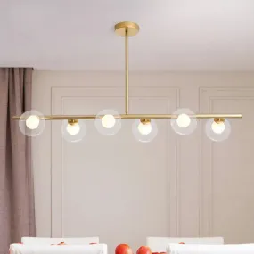 Linear Island Light Fixture Nordic Metal 6 Heads Gold Hanging Lamp with Globe Clear Glass Shade