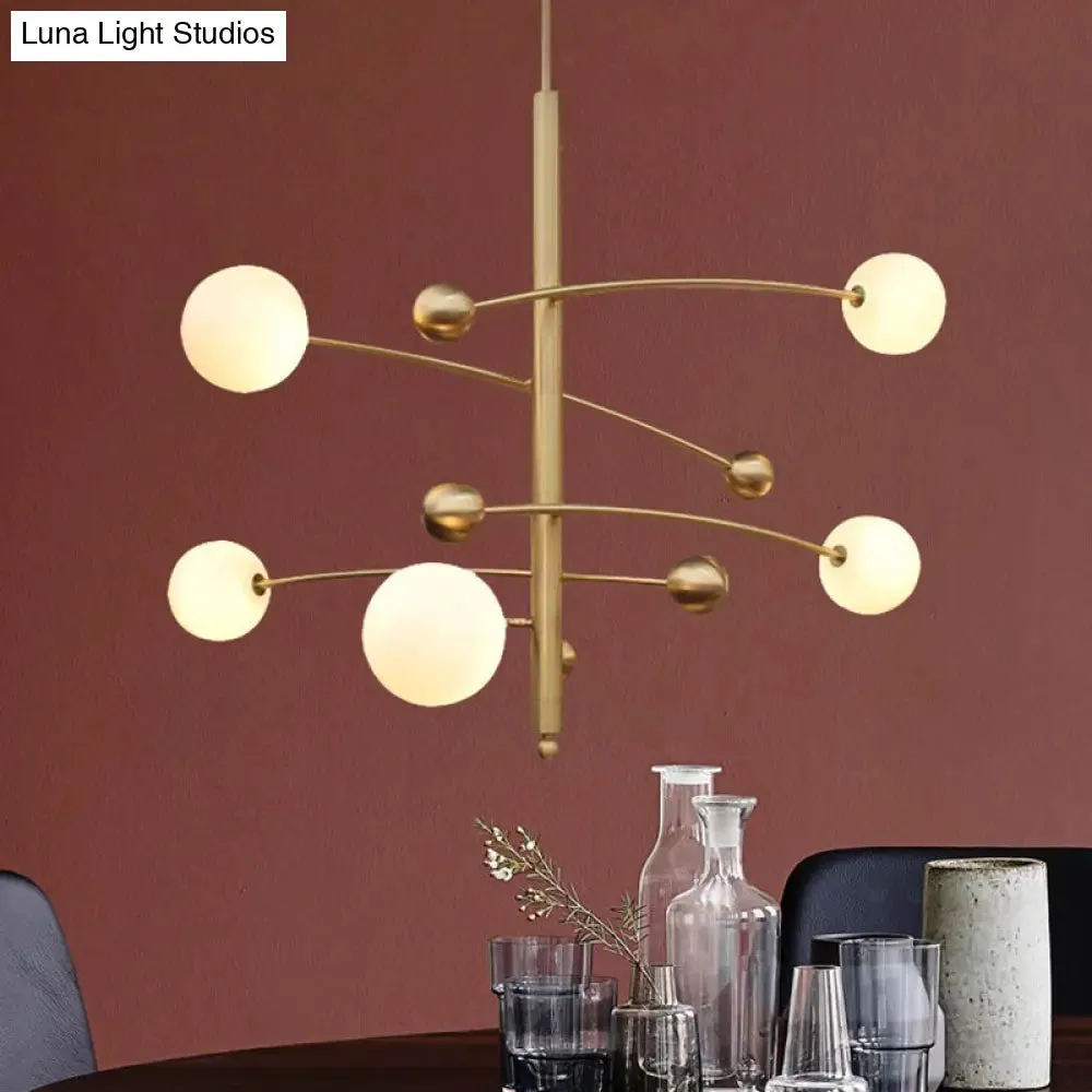 Modern Gold Hanging Chandelier Light with Opal Glass Shade - 5 Light Ceiling Fixture for Bedroom