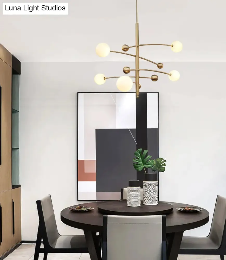 Modern Gold Hanging Chandelier Light with Opal Glass Shade - 5 Light Ceiling Fixture for Bedroom