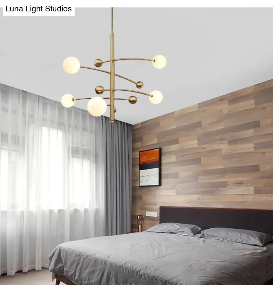 Modern Gold Hanging Chandelier Light with Opal Glass Shade - 5 Light Ceiling Fixture for Bedroom
