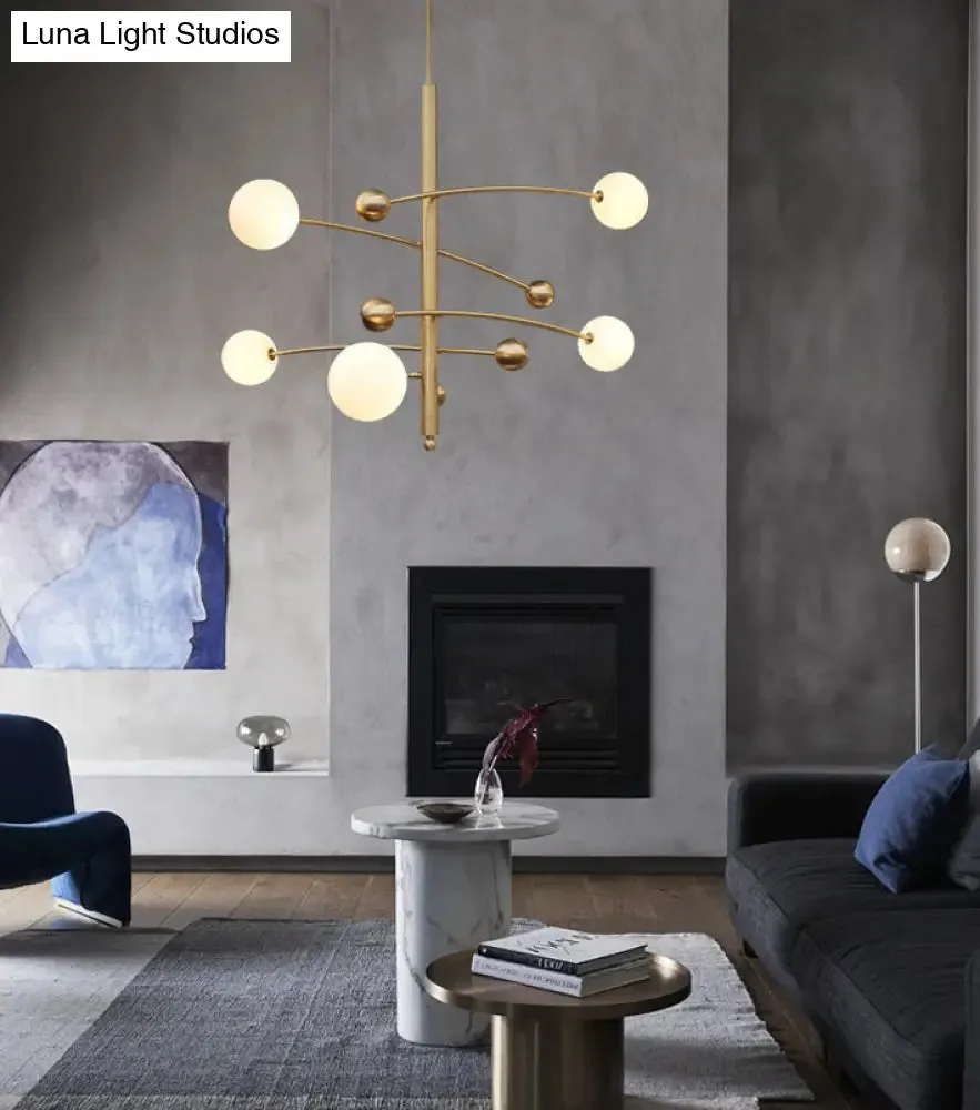 Modern Gold Hanging Chandelier Light with Opal Glass Shade - 5 Light Ceiling Fixture for Bedroom