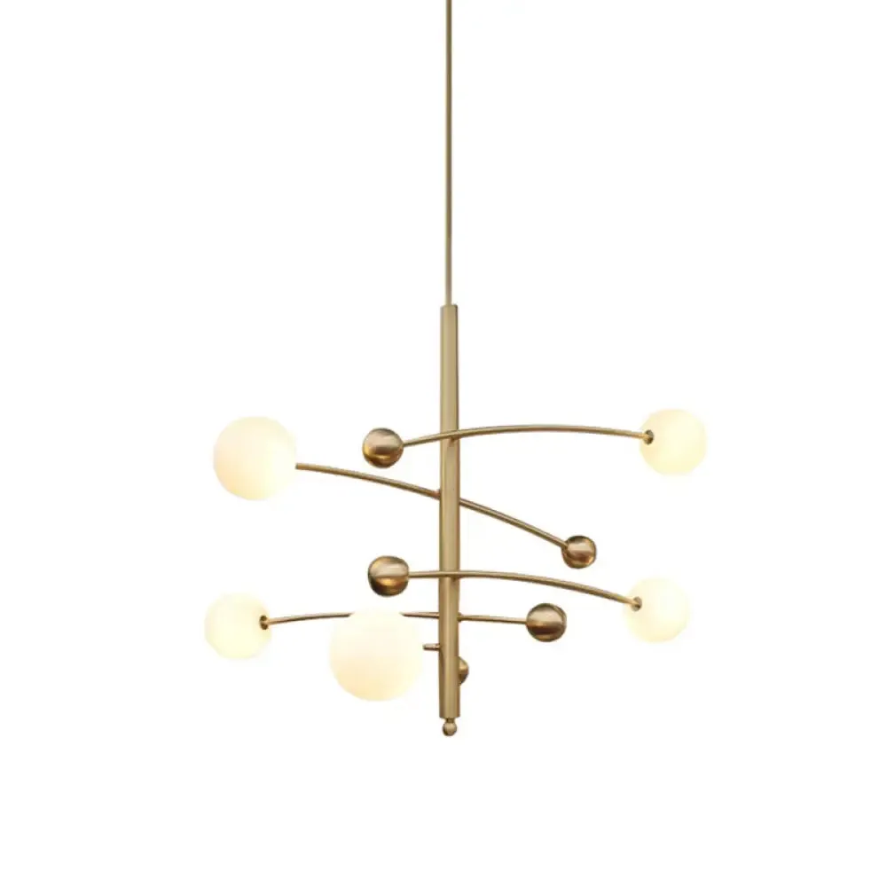 Modern Gold Hanging Chandelier Light with Opal Glass Shade - 5 Light Ceiling Fixture for Bedroom