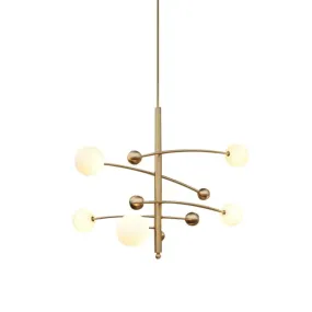 Modern Gold Hanging Chandelier Light with Opal Glass Shade - 5 Light Ceiling Fixture for Bedroom