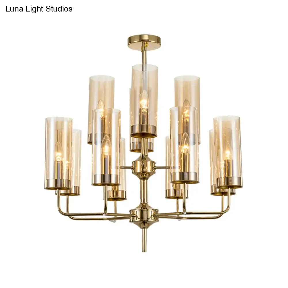 Postmodern Cylinder Hanging Lamp: Blue/Cognac Glass, 12 Heads, Dining Room Chandelier Lighting Kit