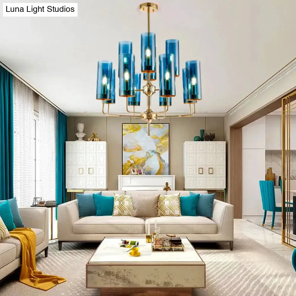 Postmodern Cylinder Hanging Lamp: Blue/Cognac Glass, 12 Heads, Dining Room Chandelier Lighting Kit