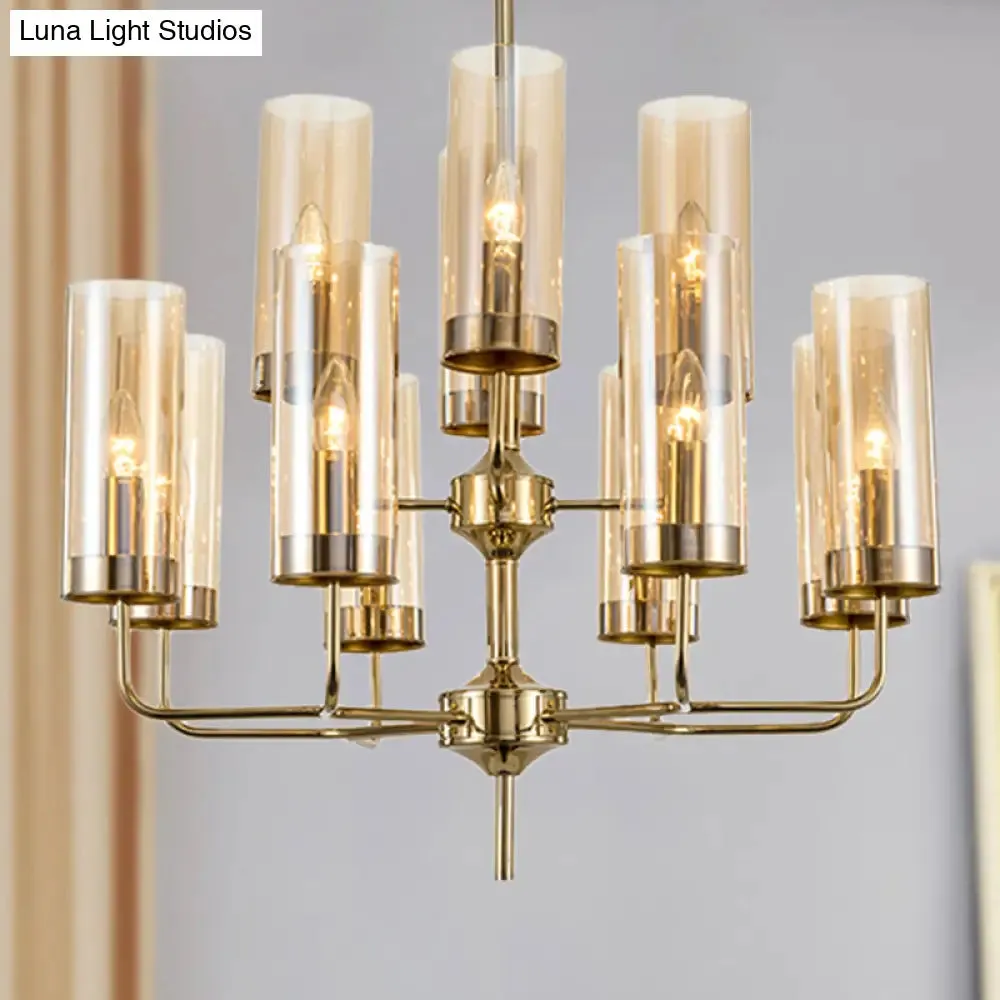 Postmodern Cylinder Hanging Lamp: Blue/Cognac Glass, 12 Heads, Dining Room Chandelier Lighting Kit