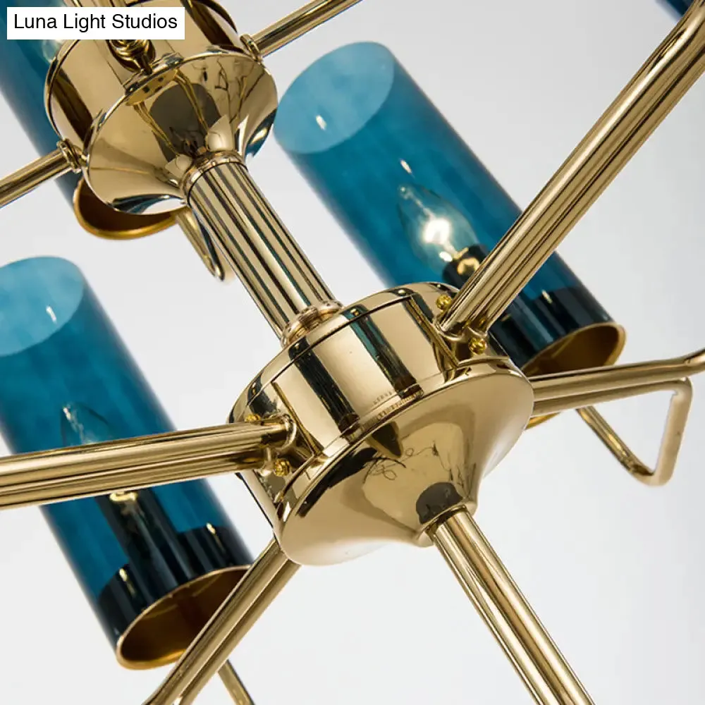 Postmodern Cylinder Hanging Lamp: Blue/Cognac Glass, 12 Heads, Dining Room Chandelier Lighting Kit