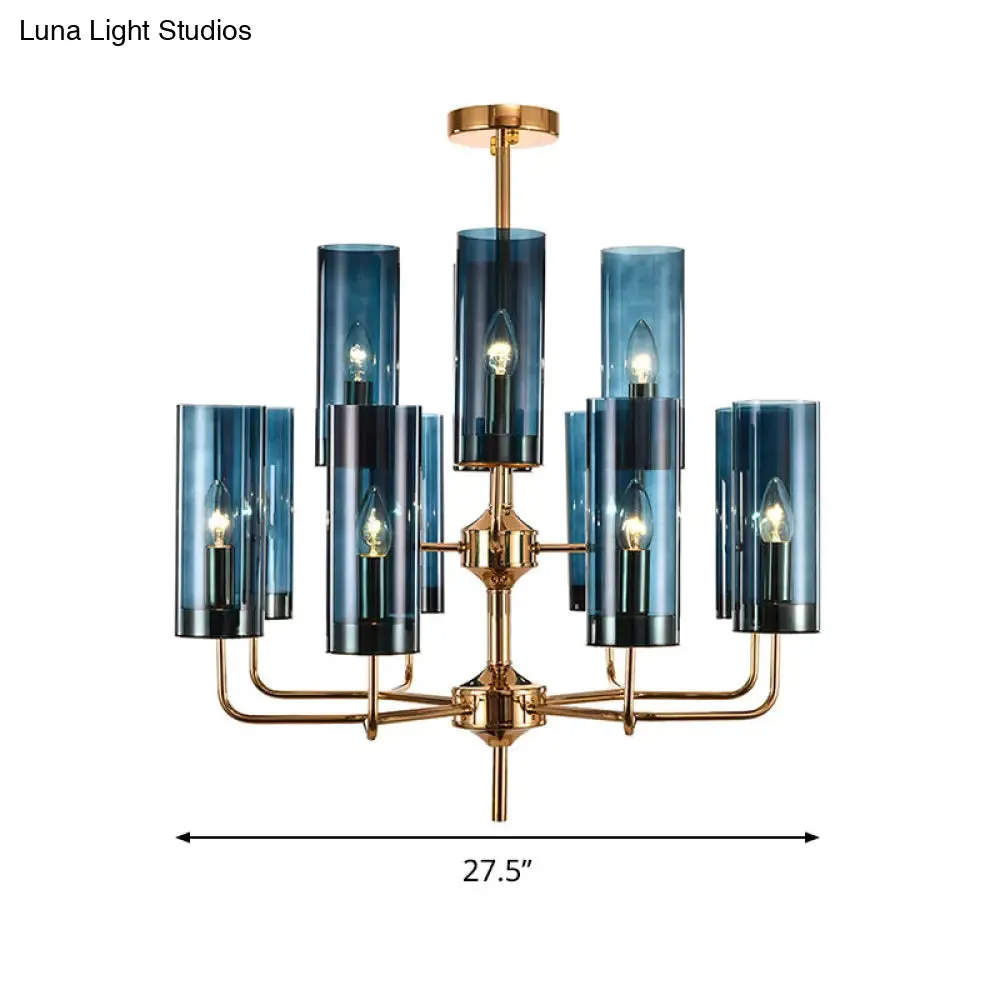 Postmodern Cylinder Hanging Lamp: Blue/Cognac Glass, 12 Heads, Dining Room Chandelier Lighting Kit