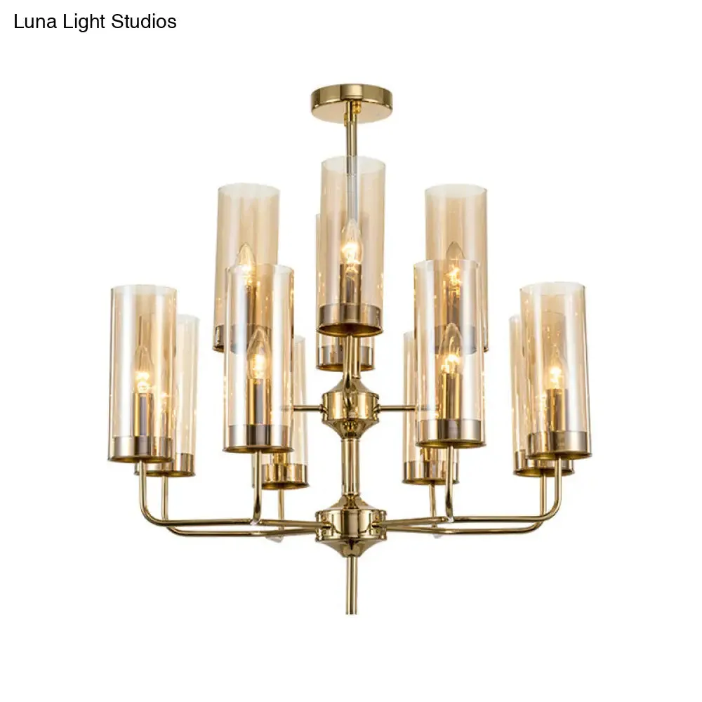Postmodern Cylinder Hanging Lamp: Blue/Cognac Glass, 12 Heads, Dining Room Chandelier Lighting Kit