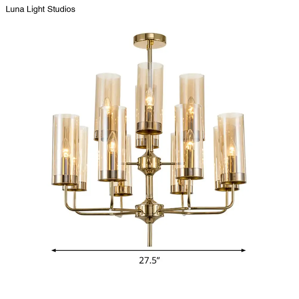 Postmodern Cylinder Hanging Lamp: Blue/Cognac Glass, 12 Heads, Dining Room Chandelier Lighting Kit