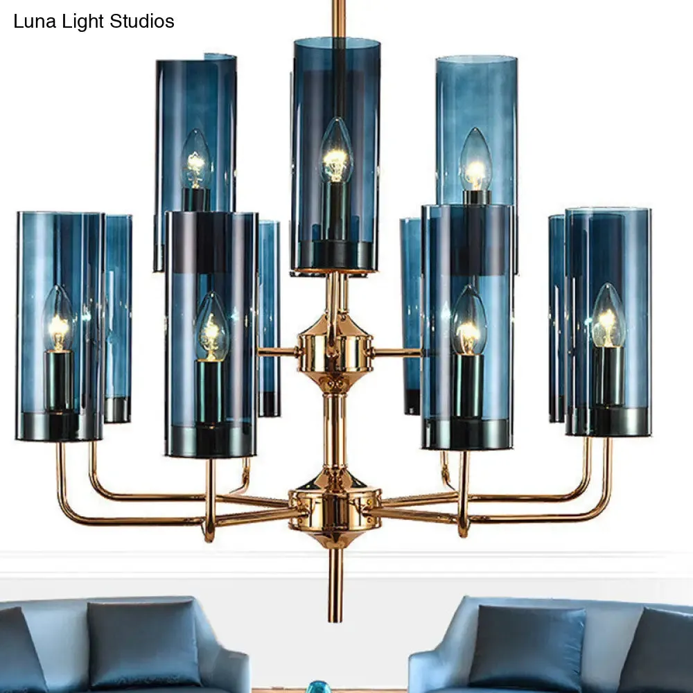 Postmodern Cylinder Hanging Lamp: Blue/Cognac Glass, 12 Heads, Dining Room Chandelier Lighting Kit