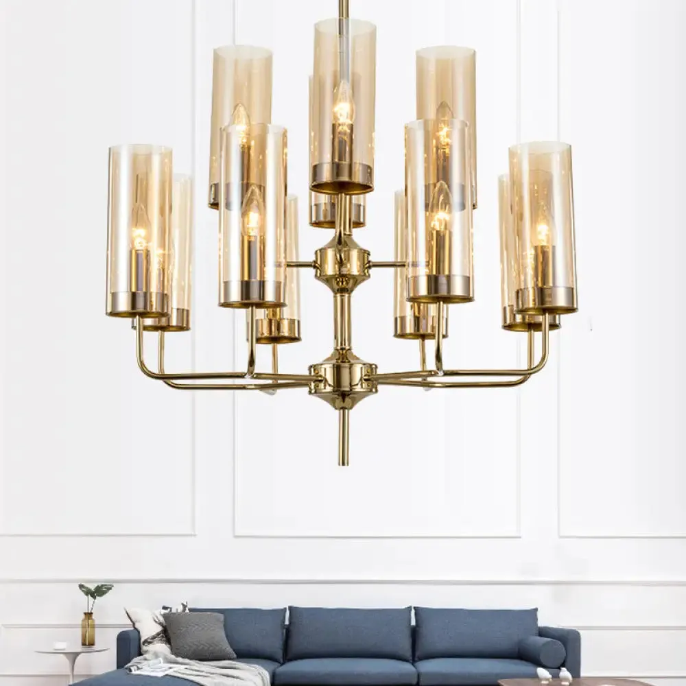 Postmodern Cylinder Hanging Lamp: Blue/Cognac Glass, 12 Heads, Dining Room Chandelier Lighting Kit