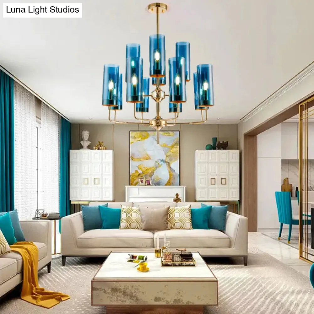 Postmodern Cylinder Hanging Lamp: Blue/Cognac Glass, 12 Heads, Dining Room Chandelier Lighting Kit