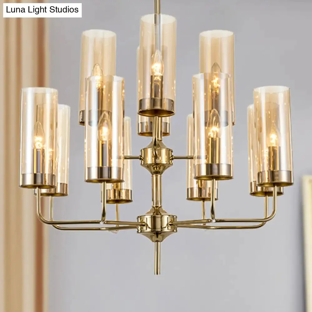 Postmodern Cylinder Hanging Lamp: Blue/Cognac Glass, 12 Heads, Dining Room Chandelier Lighting Kit