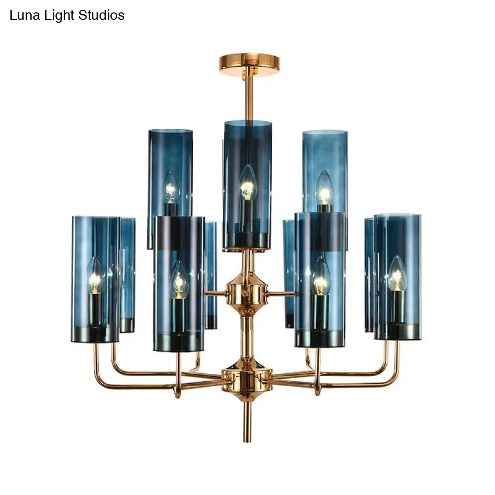 Postmodern Cylinder Hanging Lamp: Blue/Cognac Glass, 12 Heads, Dining Room Chandelier Lighting Kit