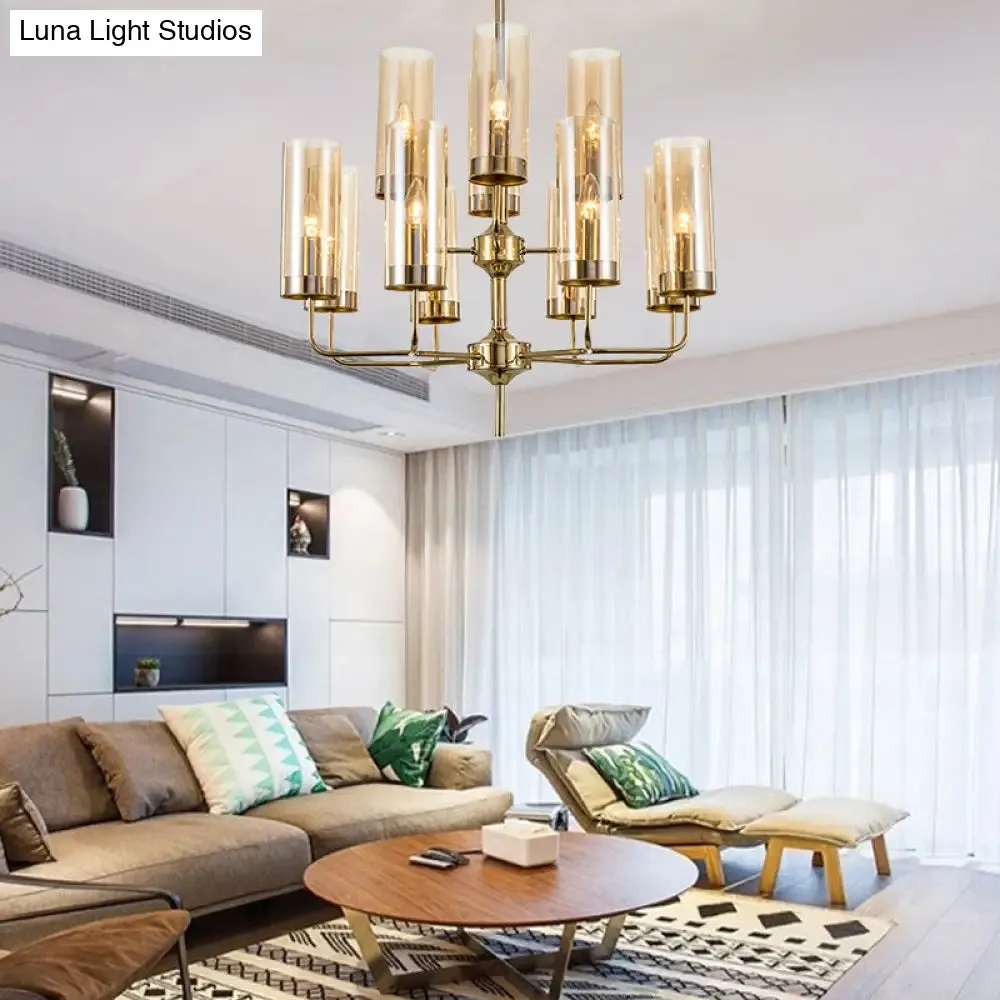 Postmodern Cylinder Hanging Lamp: Blue/Cognac Glass, 12 Heads, Dining Room Chandelier Lighting Kit