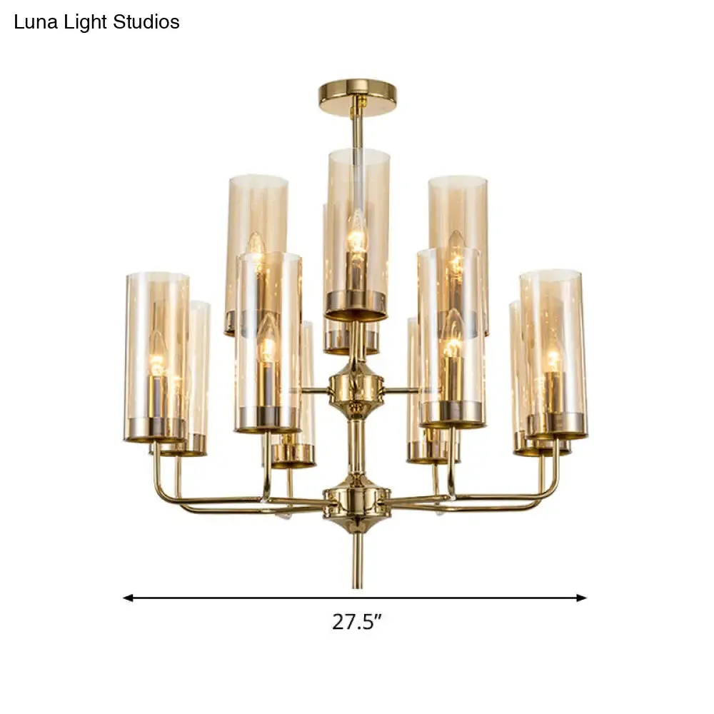 Postmodern Cylinder Hanging Lamp: Blue/Cognac Glass, 12 Heads, Dining Room Chandelier Lighting Kit