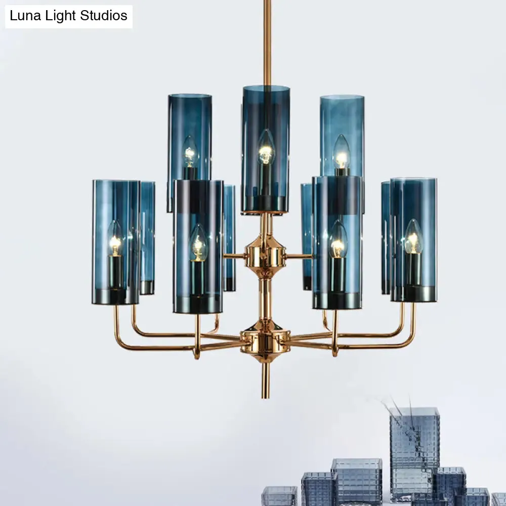 Postmodern Cylinder Hanging Lamp: Blue/Cognac Glass, 12 Heads, Dining Room Chandelier Lighting Kit