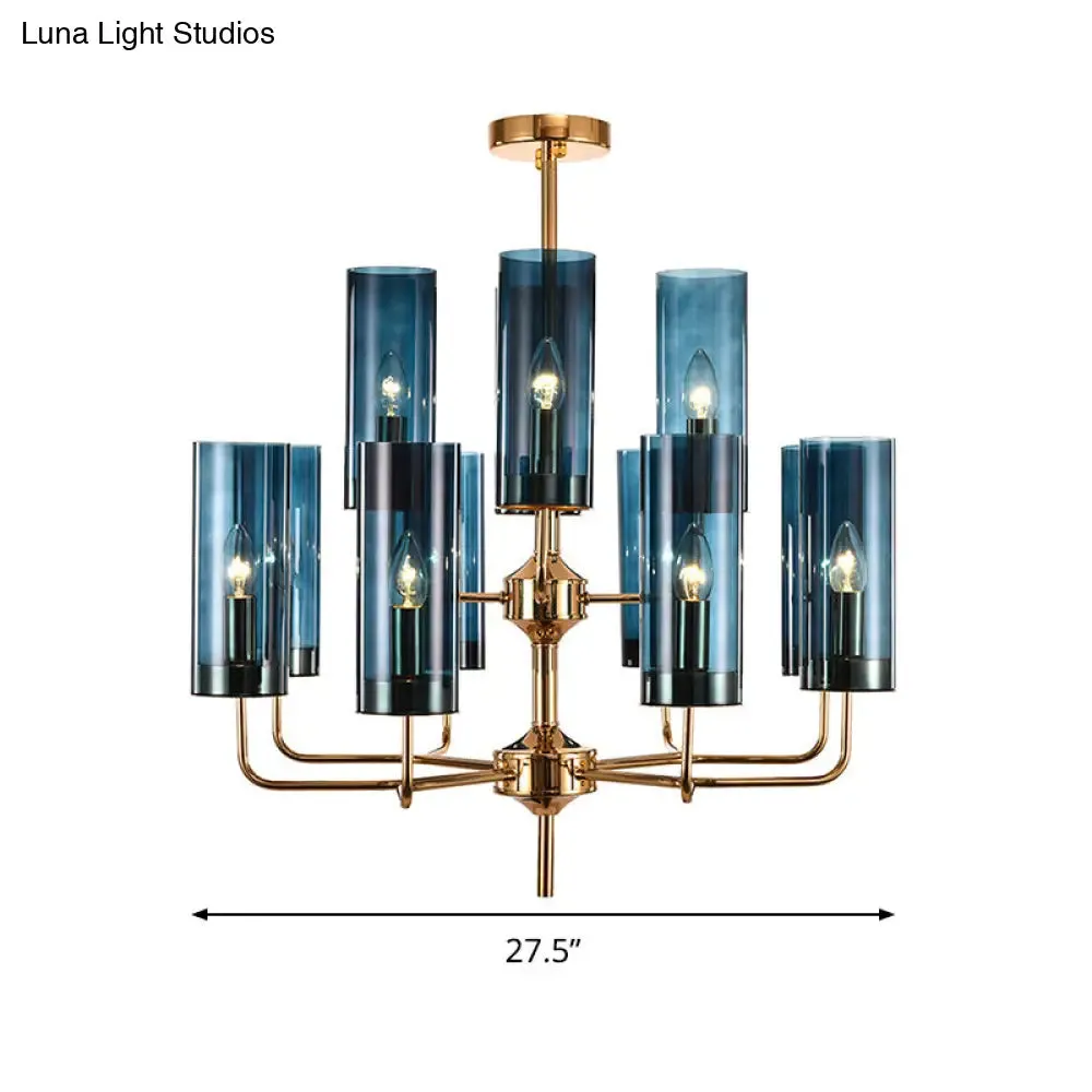 Postmodern Cylinder Hanging Lamp: Blue/Cognac Glass, 12 Heads, Dining Room Chandelier Lighting Kit