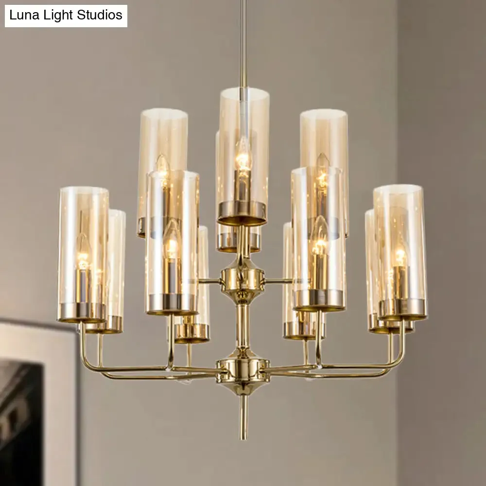 Postmodern Cylinder Hanging Lamp: Blue/Cognac Glass, 12 Heads, Dining Room Chandelier Lighting Kit