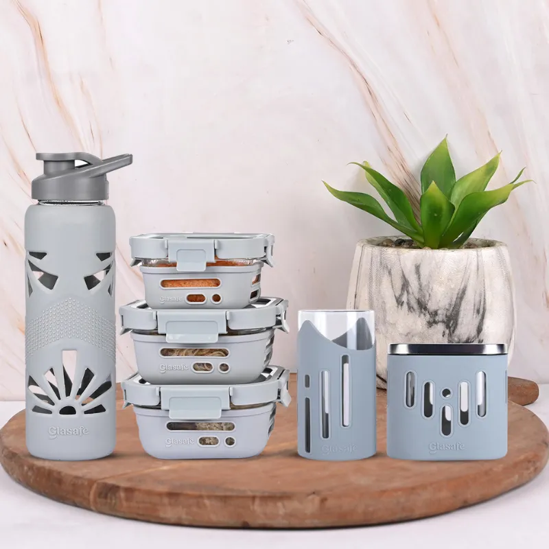 Power Combo for Two (Bottle,  320ml &  520ml Tiffin,  Drinking Glass Set,  600ml Container)